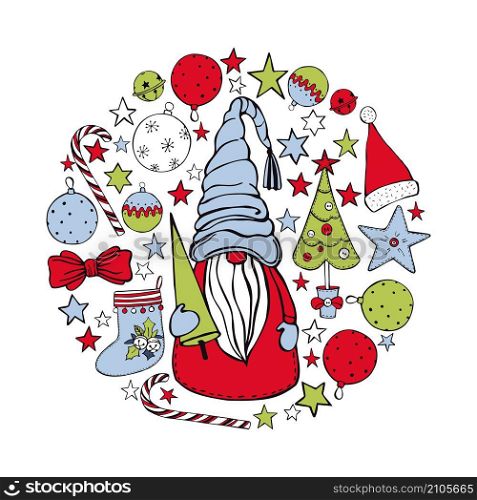 Christmas gnome with a Christmas tree in a circle of stars and balls. Vector sketch illustration.. Christmas set. Vector sketch illustration.