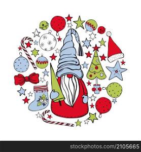 Christmas gnome with a Christmas tree in a circle of stars and balls. Vector sketch illustration.. Christmas set. Vector sketch illustration.
