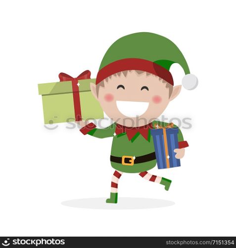 Christmas goblin. Little elf with presents. Flat vector illustration