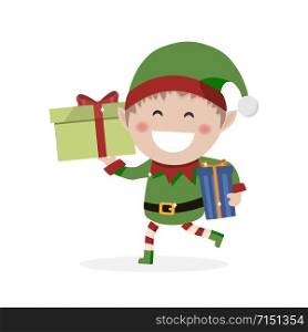 Christmas goblin. Little elf with presents. Flat vector illustration