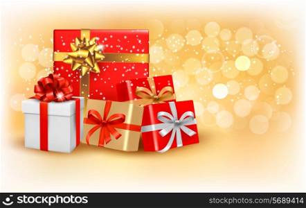 Christmas gold background with gift box and snowflake. Vector illustration.
