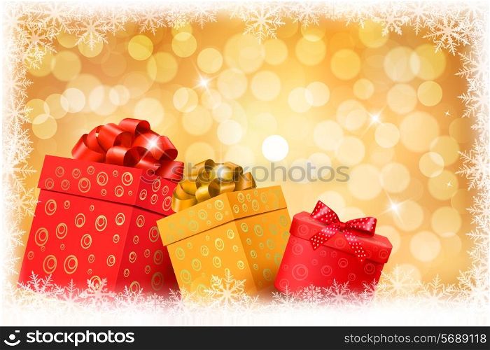 Christmas gold background with gift color boxes and snowflake. Vector illustration.
