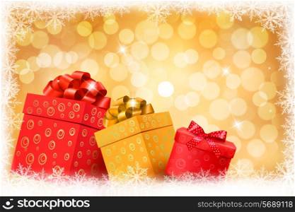 Christmas gold background with gift color boxes and snowflake. Vector illustration.