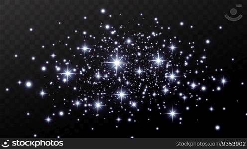 Christmas gold confetti stars are falling, Shining stars fly across the night sky amidst the reflection of the light points of space. holidays vector background. magic shine.. Christmas gold confetti stars are falling.