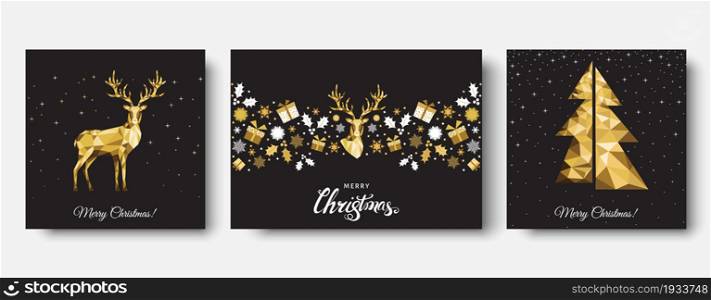 Christmas gold pattern. Golden, white decoration. Happy New Year black background. Xmas reindeer, gifts, snowflakes. Vector template for greeting card.