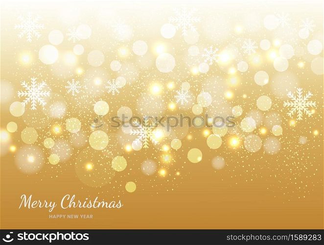 Christmas golden background of snowflakes and bokeh. Vector illustration