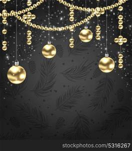 Christmas Golden Balls and Adornment on Black Background. Christmas Golden Balls and Adornment on Black Background - Illustration Vector