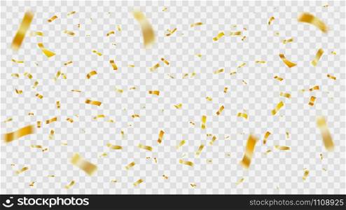 Christmas golden confetti. Flying paper confetti stripes, falling gold foil party celebration background elements vector illustration. New year tinsel on transparent background. Realistic decoration. Christmas golden confetti. Flying paper confetti stripes, falling gold foil party celebration background elements vector illustration. Sparkling festive decoration, shiny holiday tinsel