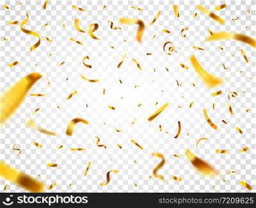 Christmas golden confetti. Gold party decoration flying and falling tiny yellow foil papers. Decor paper serpentine glitter defocus stripes for new year, birthday or anniversary vector illustration. Christmas golden confetti. Gold party decoration flying and falling tiny yellow foil papers. Decor paper stripes vector illustration