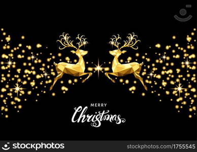 Christmas golden decoration with jumping reindeer, flare and glowing stars. Happy New Year black background with gold light effect. Vector template for Xmas greeting card.