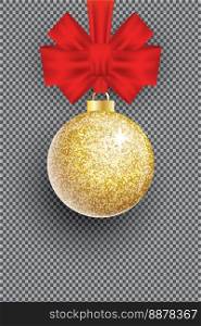 Christmas Golden Glitter Christmas Ball and Red Bow on Transparent Background. Vector Illustration.