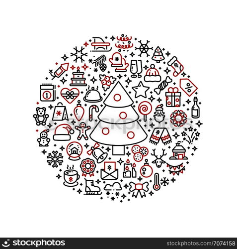 Christmas graphics. Xmas line art icons arranged in ball. Xmas holiday and new year, snowman and gift box. Vector illustration. Christmas graphics. Xmas line art icons arranged in ball