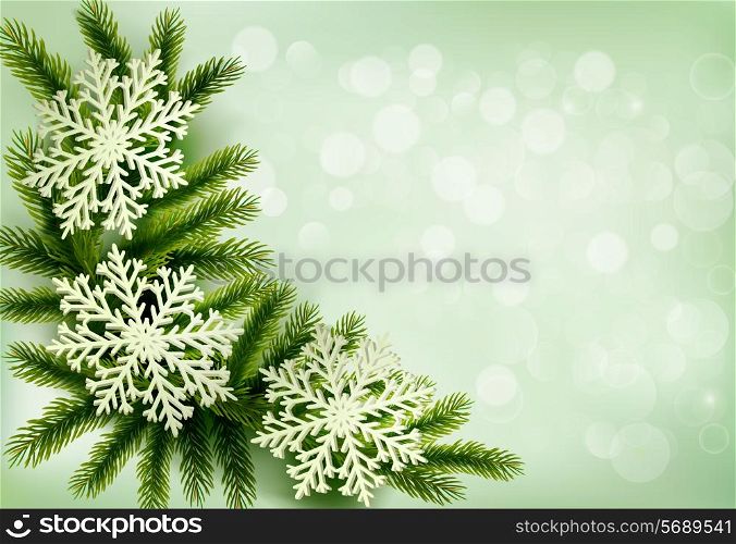 Christmas green background with christmas tree branches and snowflakes. Vector illustration.
