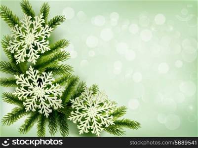Christmas green background with christmas tree branches and snowflakes. Vector illustration.