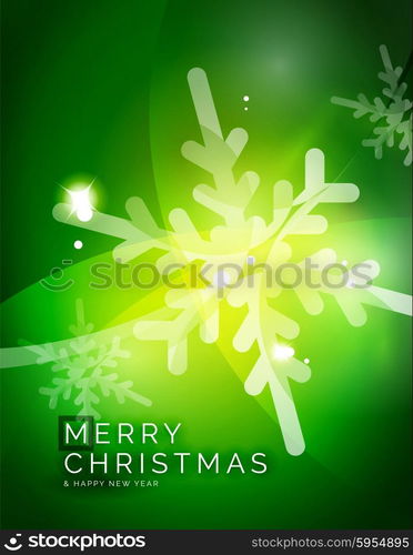 Christmas green color abstract background with white transparent snowflakes. Holiday winter template, New Year layout