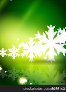 Christmas green color abstract background with white transparent snowflakes. Holiday winter template, New Year layout