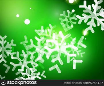 Christmas green color abstract background with white transparent snowflakes. Holiday winter template, New Year layout