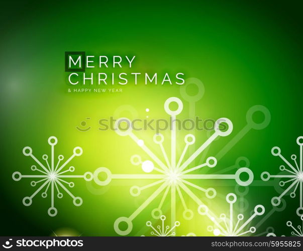 Christmas green color abstract background with white transparent snowflakes. Holiday winter template, New Year layout