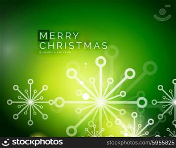 Christmas green color abstract background with white transparent snowflakes. Holiday winter template, New Year layout