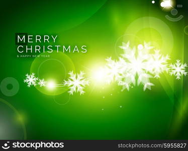 Christmas green color abstract background with white transparent snowflakes. Holiday winter template, New Year layout