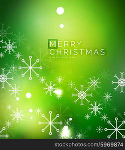 Christmas green color abstract background with white transparent snowflakes. Holiday winter template, New Year layout