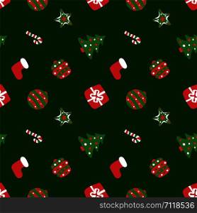 Christmas green pattern. Winter holiday wallpaper. Seamless texture for the New Year. Santa&rsquo;s hat, tree, bag, gift, stick, bell and balls