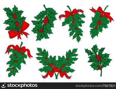 Christmas greens and holly berry branches with red ribbons for seasonal holiday design