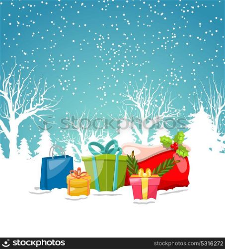 Christmas Greeting Background, Winter Landscape with Gift Boxes, Presents, Bag. Christmas Greeting Background, Winter Landscape with Gift Boxes, Presents, Bag - Illustration Vector