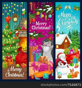 Christmas greeting banners with Xmas tree, snowman and Winter Holiday gifts. Santa bag, Christmas fireplace and present boxes, snow, star and sock, ribbon bows, balls and lights, snowflakes and clock. Christmas tree, snowman and Xmas gifts banners