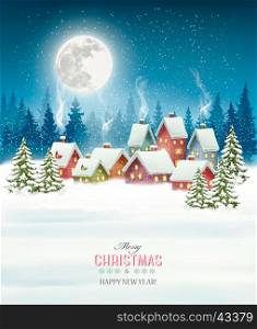 Christmas greeting card against snow covered village. Vector