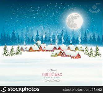 Christmas greeting card against snow covered village. Vector