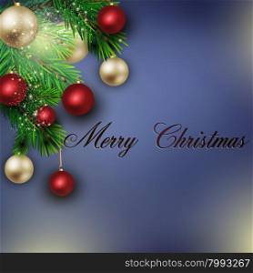 Christmas greeting card. Christmas background from fir twigs and colorful decorative Christmas balls