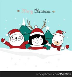 Christmas greeting card design background with santa claus, cute character girl and cute baby reindeer with santa costume. Hand drawn cartoon style. Vector illustration.
