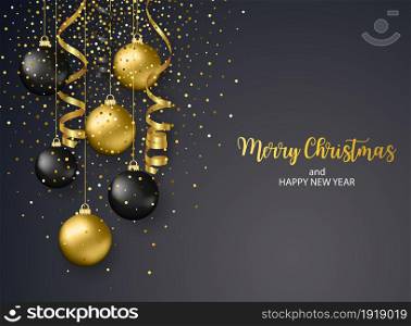 Christmas greeting card, design of xmas balls with golden glitter confetti. Vector illustration. .. Christmas greeting card,