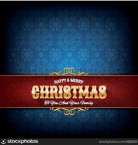 Christmas Greeting Card. Illustration of a retro christmas design banner, with snowflakes background and red ribbon