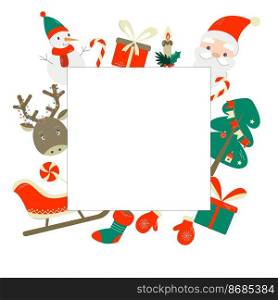 Christmas greeting card, invitation for holiday party with traditional symbols, border. Vector illustration in flat cartoon style, isolated on white background.. Merry Christmas Greeting card. Christmas greeting frame with traditional symbols - Snowman, Santa, Reindeer, Tree, Gifts and Sleigh. Vector illustration in flat cartoon style