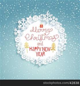 Christmas Greeting Card. Merry Christmas and happy new year lettering. Snowfall background.