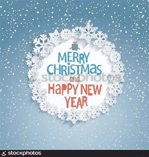 Christmas Greeting Card. Merry Christmas and happy new year lettering. Snowfall background. Vector illustration.. Christmas and New Year Greeting Card. Vector.