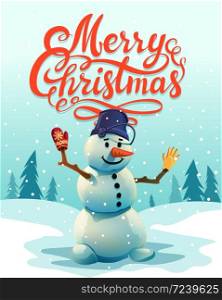 Christmas greeting card. Merry Christmas Inscription and cut Snowman. Vector illustration.. Christmas greeting card. Merry Christmas Inscription and cut Snowman.