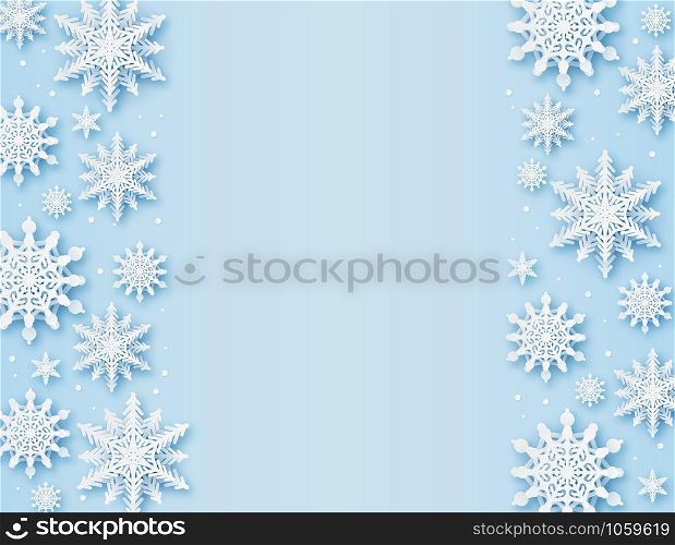 Christmas greeting card. Paper cut snowflakes xmas, happy new year and winter holidays vector background with snow design glitter frame greetting pattern. Christmas greeting card. Paper cut snowflakes xmas, happy new year and winter holidays vector background with snow pattern