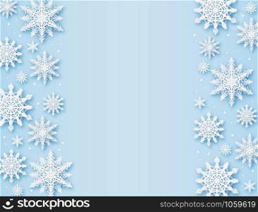 Christmas greeting card. Paper cut snowflakes xmas, happy new year and winter holidays vector background with snow design glitter frame greetting pattern. Christmas greeting card. Paper cut snowflakes xmas, happy new year and winter holidays vector background with snow pattern