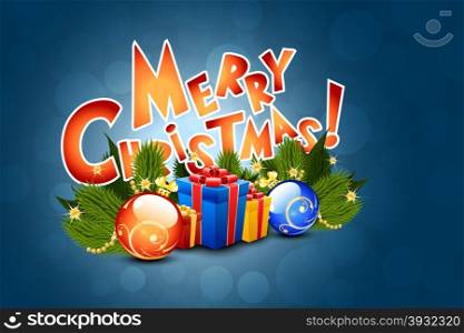 Christmas Greeting Card Template with Decorations on Blue Background. Christmas Card Template