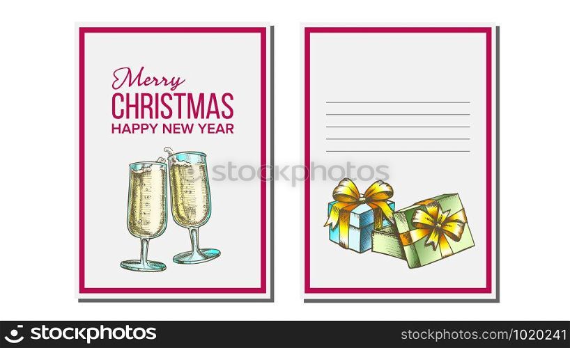 Christmas Greeting Card Vector. Champagne Bottle. Holiday Concept. Hand Drawn In Vintage Style Illustration. Christmas Greeting Card Vector. Champagne Bottle. Seasons. Winter Wishes. Holiday Concept. Hand Drawn Illustration