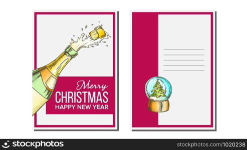 Christmas Greeting Card Vector. Champagne Bottle. Seasons. Holiday Concept. Hand Drawn In Vintage Style Illustration. Christmas Greeting Card Vector. Champagne Bottle. Seasons. Winter Wishes. Hand Drawn In Vintage Style Illustration