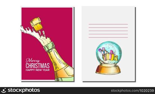Christmas Greeting Card Vector. Champagne Bottle. Seasons. Winter Wishes. Hand Drawn In Vintage Style Illustration. Christmas Greeting Card Vector. Champagne Bottle. Seasons. Winter Wishes. Holiday Concept. Hand Drawn Illustration