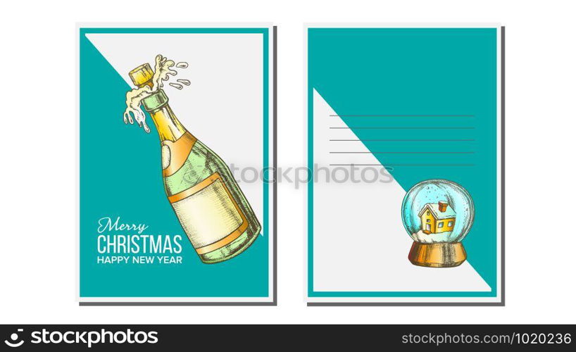 Christmas Greeting Card Vector. Champagne Bottle. Seasons. Winter Wishes. Holiday Concept. Hand Drawn In Vintage Style Illustration. Christmas Greeting Card Vector. Champagne Bottle. Seasons. Winter Wishes. Holiday Concept. Hand Drawn Vintage Style Illustration