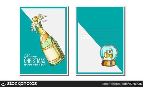 Christmas Greeting Card Vector. Champagne Bottle. Seasons. Winter Wishes. Holiday Concept. Hand Drawn In Vintage Style Illustration. Christmas Greeting Card Vector. Champagne Bottle. Seasons. Winter Wishes. Holiday Concept. Hand Drawn Vintage Style Illustration
