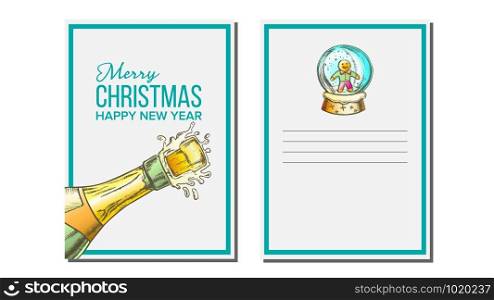 Christmas Greeting Card Vector. Champagne Bottle. Seasons. Winter Wishes. Holiday Concept. Hand Drawn In Vintage Style Illustration. Christmas Greeting Card Vector. Champagne Bottle. Seasons. Holiday Concept. Hand Drawn In Vintage Style Illustration