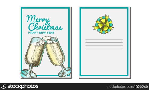 Christmas Greeting Card Vector. Champagne Bottle. Seasons. Winter Wishes. Holiday Concept. Hand Drawn Illustration. Christmas Greeting Card Vector. Champagne Bottle. Holiday Concept. Hand Drawn In Vintage Style Illustration