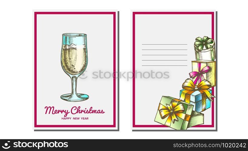 Christmas Greeting Card Vector. Champagne Bottle. Seasons. Winter Wishes. Holiday Concept. Hand Drawn Illustration. Christmas Greeting Card Vector. Champagne Bottle. Seasons. Winter Wishes. Hand Drawn In Vintage Style Illustration